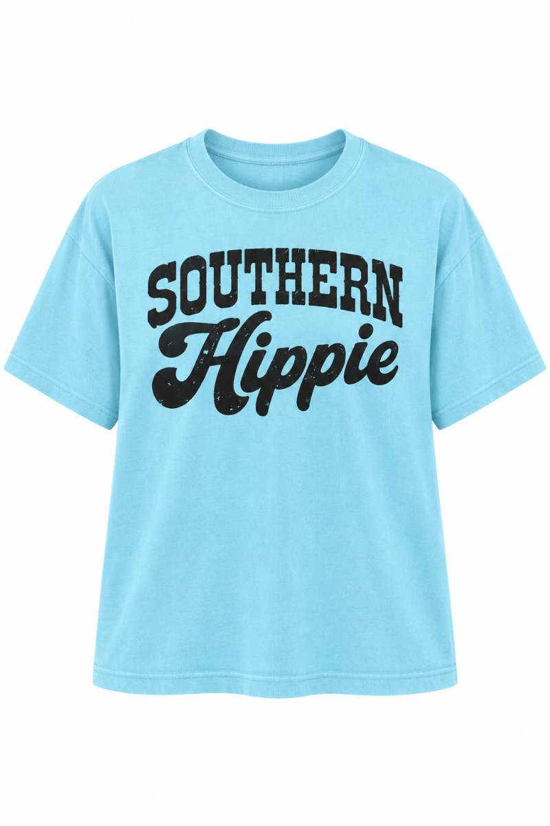Trestles Clothing Company light blue cotton graphic tee with Southern Hippie text in a distressed black font